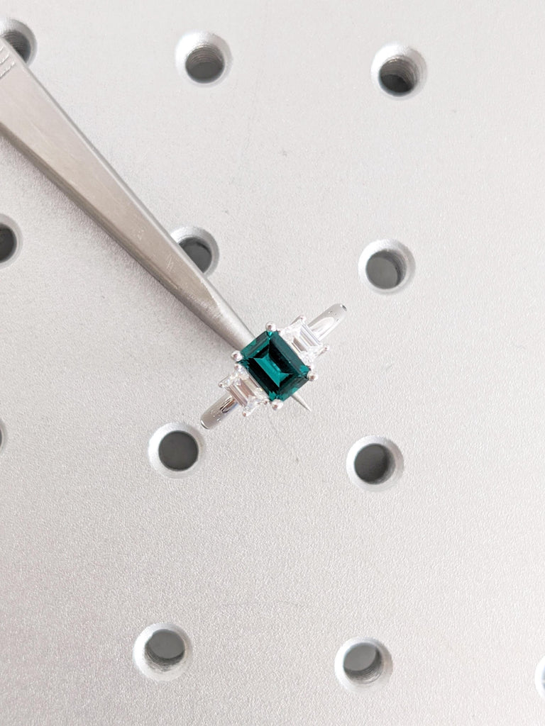 Art Deco Style Green Emerald Engagement Ring, 3 Stone May Birthstone Ring with Trapezoid Moissanite, 14K White Gold Band, Prong Set Trellis
