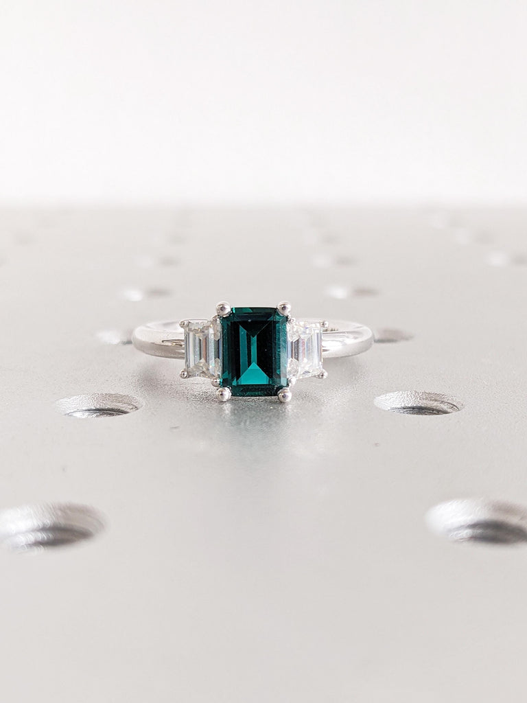 Art Deco Style Green Emerald Engagement Ring, 3 Stone May Birthstone Ring with Trapezoid Moissanite, 14K White Gold Band, Prong Set Trellis