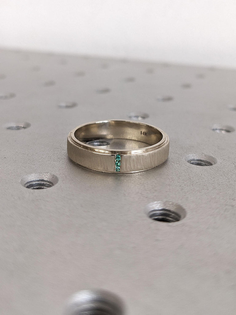 May Birthstone 5mm Wedding Ring | Brushed 14k White Gold Men Emerald Wedding Band | Stepped Edge Ring | Green Gemstone Ring Wedding Jewelry