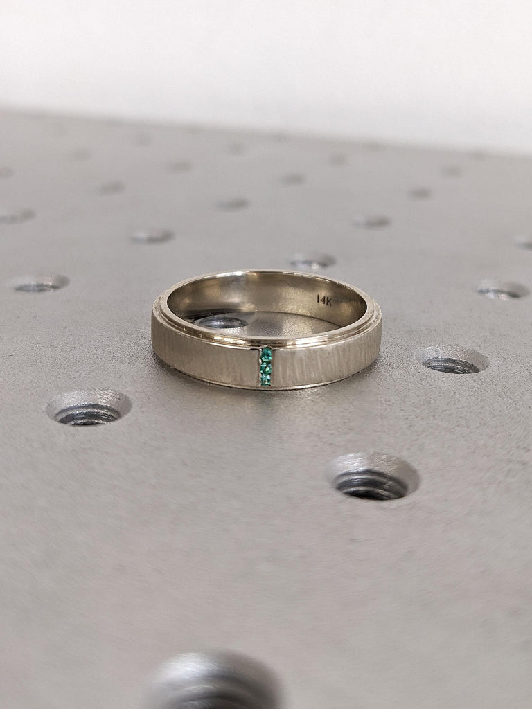 Mens Wedding Band | Brushed White Gold Emerald Ring: 5mm Band