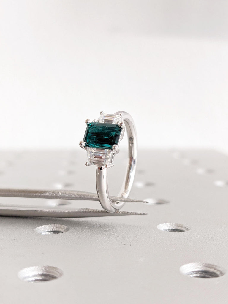 Green Emerald Engagement Ring: Art Deco 3 Stone Prong Setting with Trapezoid Moissanite in 14K White Gold