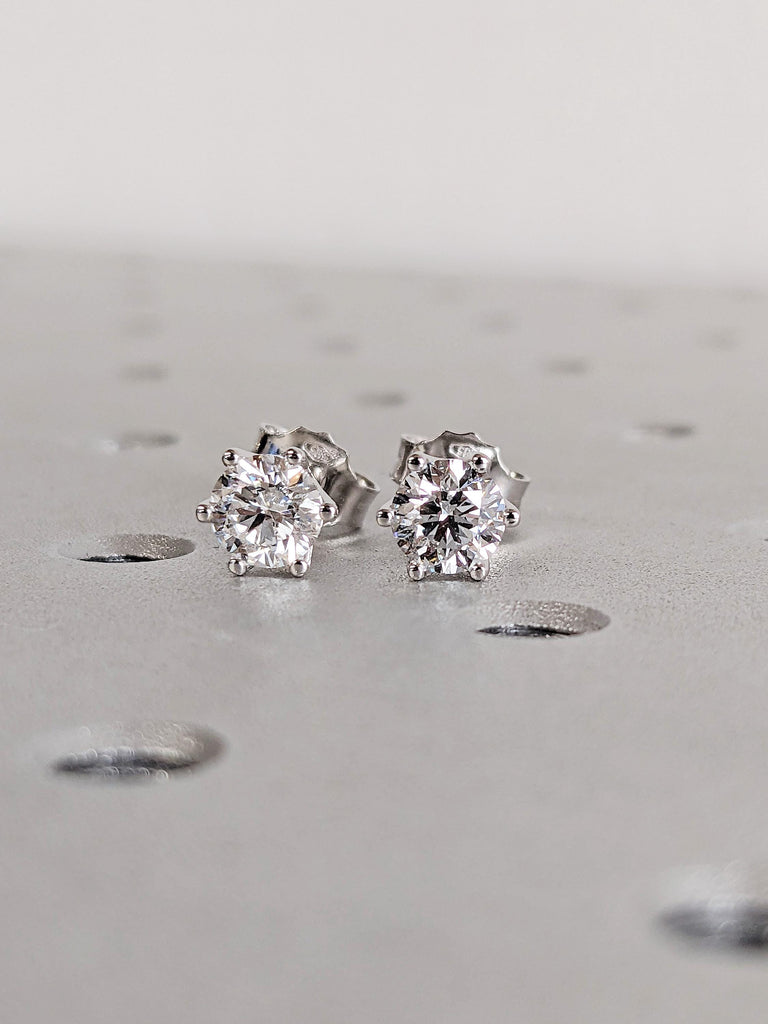 Round Cut Lab Diamond Stud Earrings, 14K White Gold Diamond Push Back Earrings, 6 Prong Solitaire Lab Grown Diamond Earrings, Gift For Her