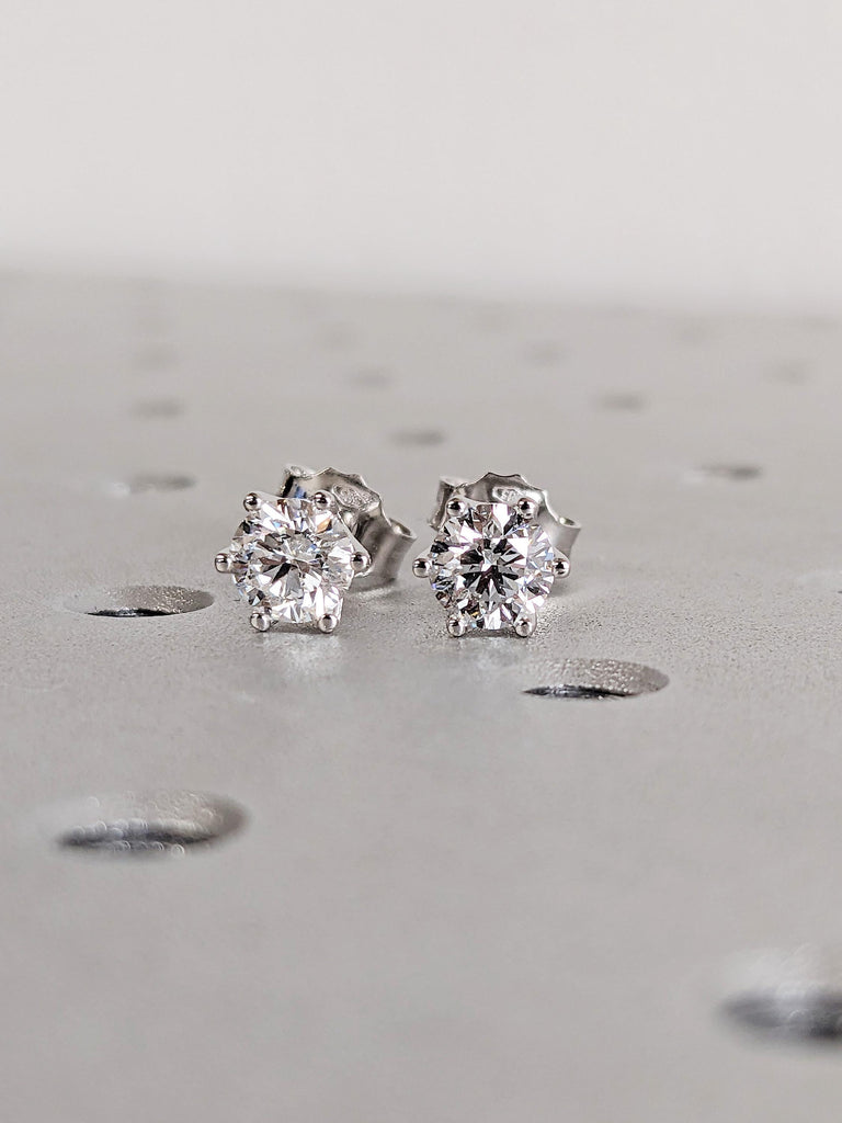 Lab Grown Diamond Earrings, Classic Round Cut Solitaire Studs, 14K Solid White Gold Push Back Studs Earrings