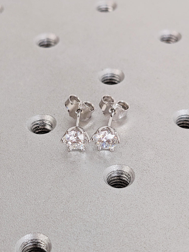 Round Cut Lab Diamond Stud Earrings, 14K White Gold Diamond Push Back Earrings, 6 Prong Solitaire Lab Grown Diamond Earrings, Gift For Her