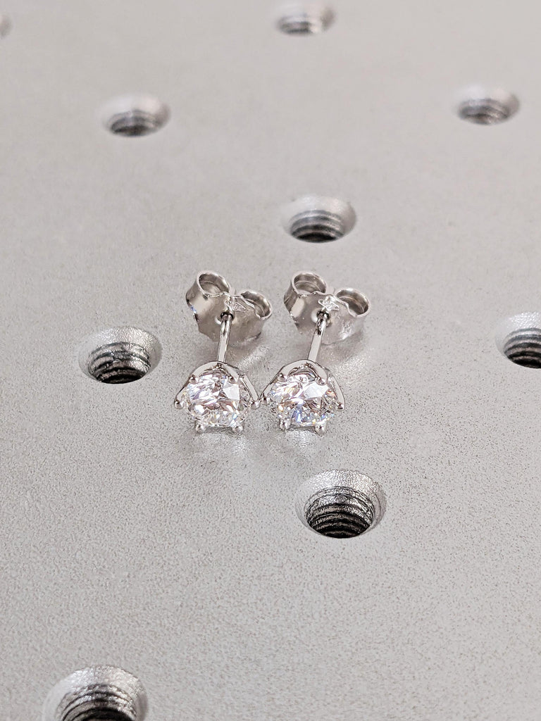 Lab Grown Diamond Earrings, Classic Round Cut Solitaire Studs, 14K Solid White Gold Push Back Studs Earrings