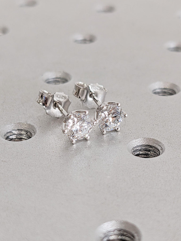Round Cut Lab Diamond Stud Earrings, 14K White Gold Diamond Push Back Earrings, 6 Prong Solitaire Lab Grown Diamond Earrings, Gift For Her