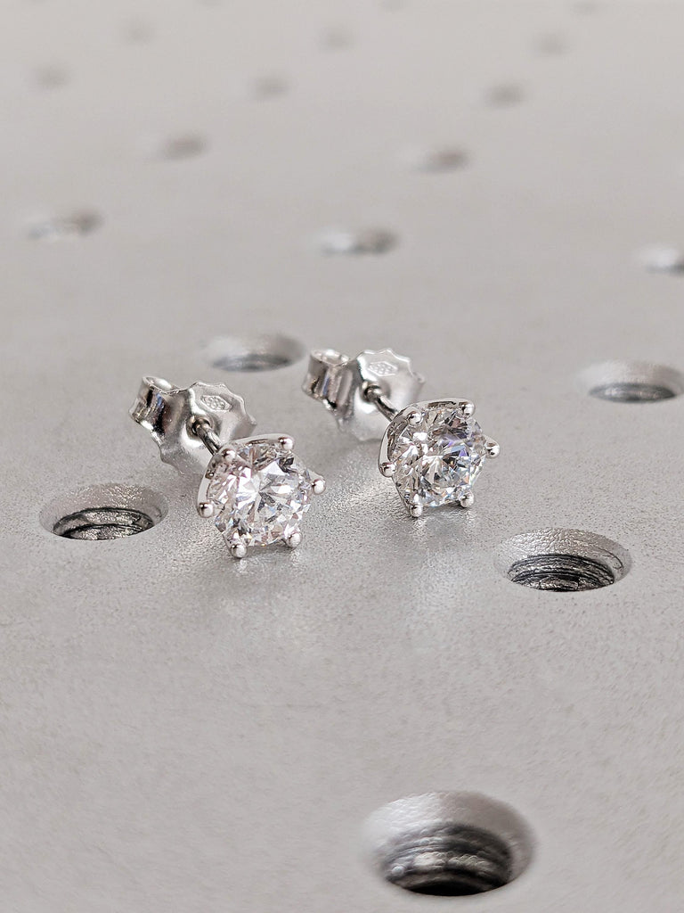 Round Cut Lab Diamond Stud Earrings, 14K White Gold Diamond Push Back Earrings, 6 Prong Solitaire Lab Grown Diamond Earrings, Gift For Her