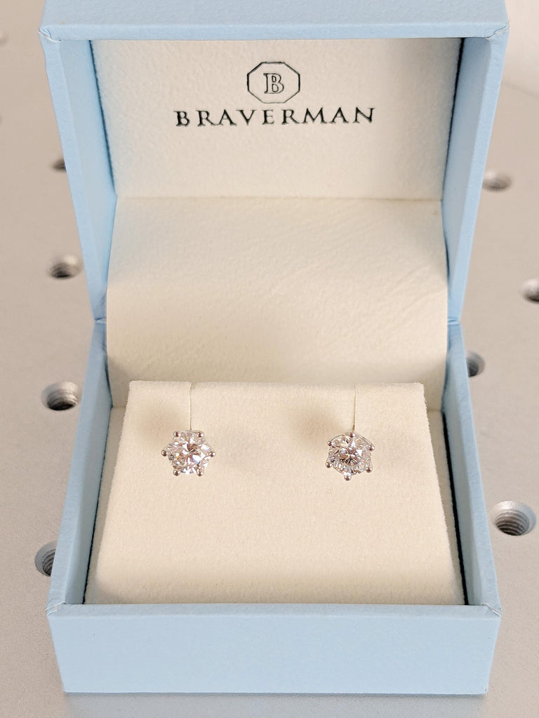Round Cut Lab Diamond Stud Earrings, 14K White Gold Diamond Push Back Earrings, 6 Prong Solitaire Lab Grown Diamond Earrings, Gift For Her