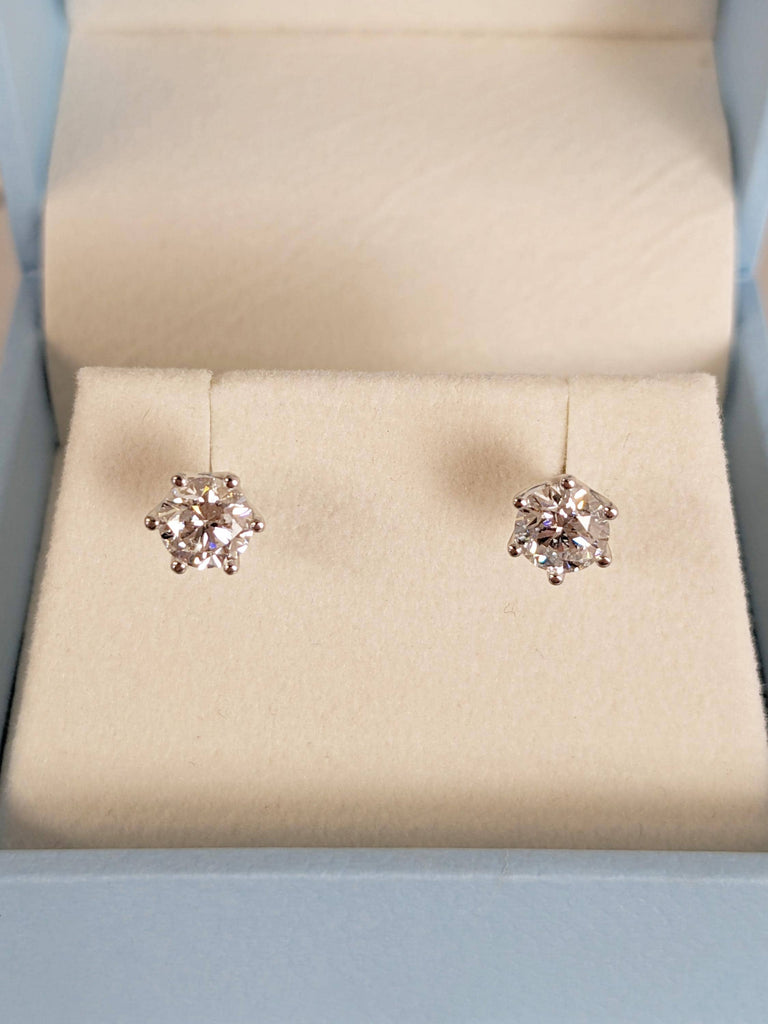 Round Cut Lab Diamond Stud Earrings, 14K White Gold Diamond Push Back Earrings, 6 Prong Solitaire Lab Grown Diamond Earrings, Gift For Her