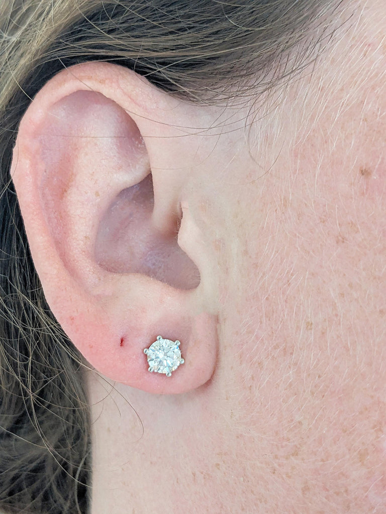 Round Cut Lab Diamond Stud Earrings, 14K White Gold Diamond Push Back Earrings, 6 Prong Solitaire Lab Grown Diamond Earrings, Gift For Her