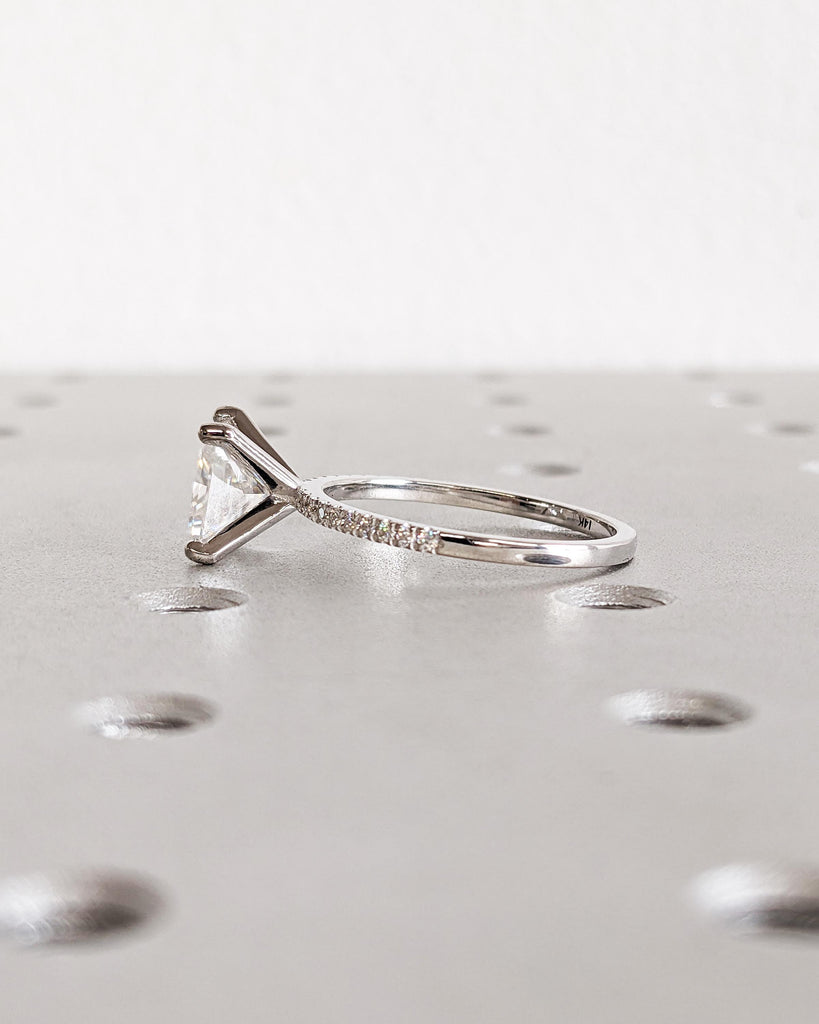 Princess Cut Lab Diamond Engagement Ring: Certified IGI Lab Grown Diamond, Dainty Band Pave Ring, Solitaire Wedding Ring, 14K White Gold