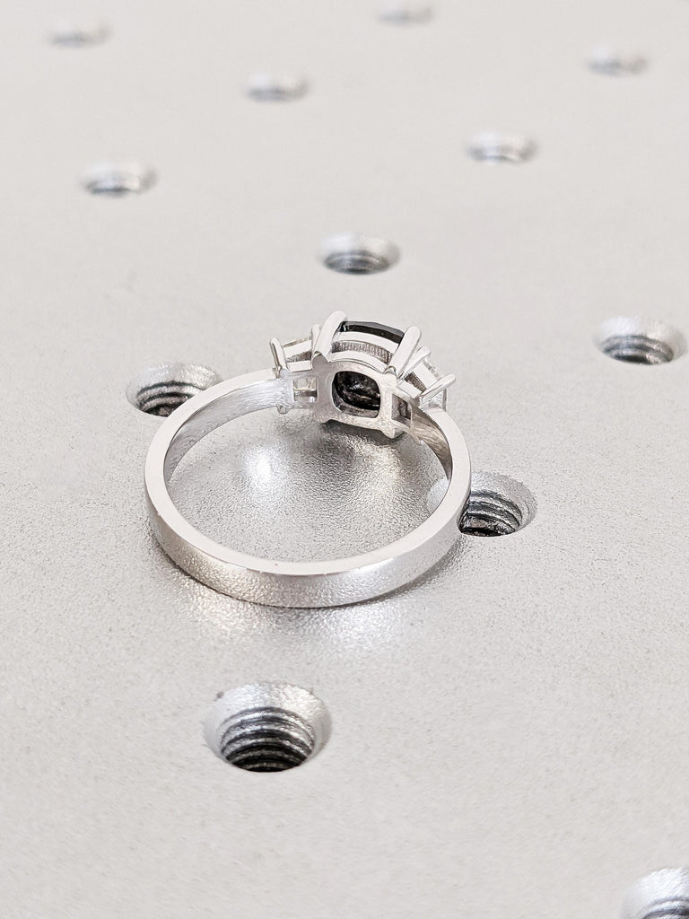Cushion Cut Raw Salt & Pepper Diamond Engagement Ring, Custom 18K White Gold 3 Stone Diamond Ring, Bold Trapezoid Moissanite Wedding Band