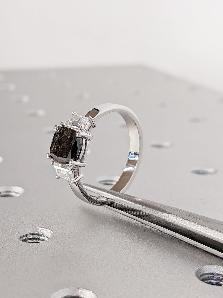 18K Solid White Gold Cushion Cut Salt and Pepper Custom Engagement Ring, Thick Trapezoid Moissanite Wedding Band, Galaxy Black Diamond Ring