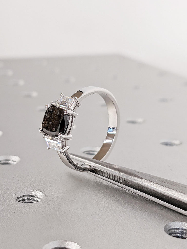 Cushion Cut Raw Salt & Pepper Diamond Engagement Ring, Custom 18K White Gold 3 Stone Diamond Ring, Bold Trapezoid Moissanite Wedding Band