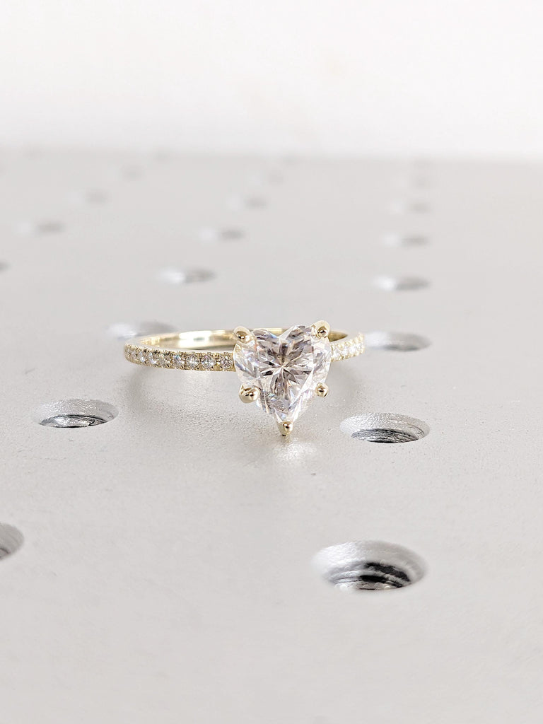 Heart Cut Lab Grown Diamond Ring | 14K Yellow Gold Solitaire Engagement Ring | Yellow Gold Pavé Band | Half Eternity Wedding Ring for Women