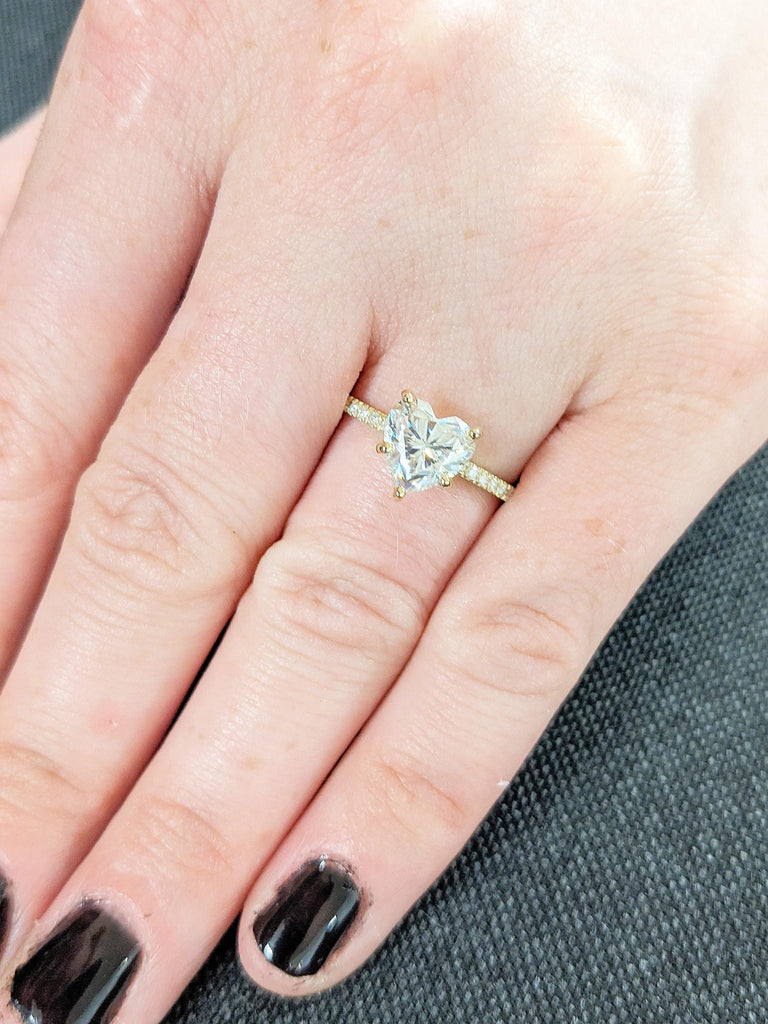 Heart Cut Lab Grown Diamond Ring | 14K Yellow Gold Solitaire Engagement Ring | Yellow Gold Pavé Band | Half Eternity Wedding Ring for Women