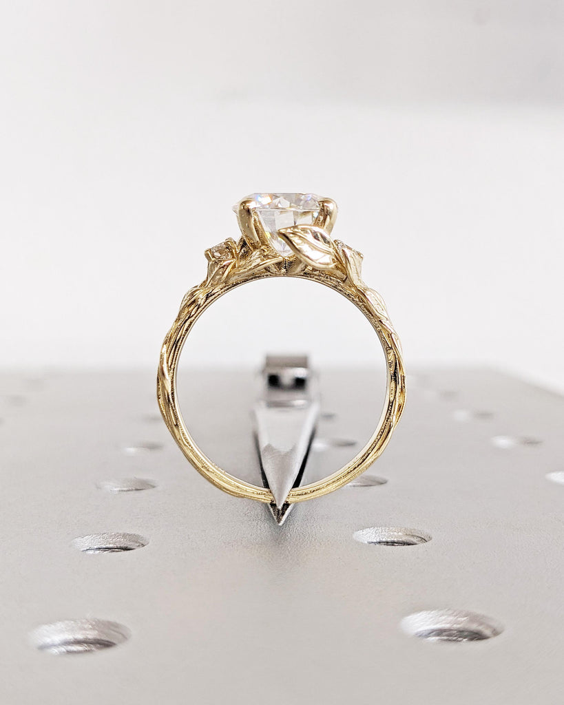 Nature Inspired Lab Grown Diamond Engagement Ring Leaves Band Round Lab Diamond Wedding Ring Leaf Vine Branch Alternative Engagement Ring