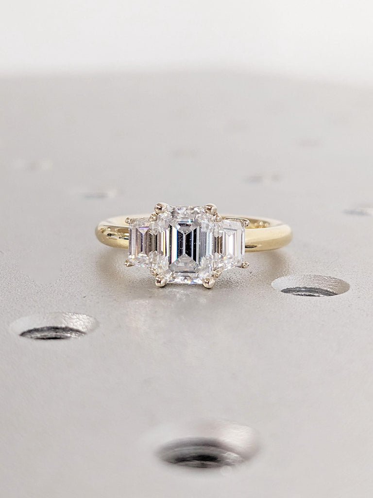 Three Stone Emerald Cut Moissanite Engagement Ring | Yellow Gold Moissanite Wedding Ring | Side Trapezoid Cut Diamond Anniversary Ring