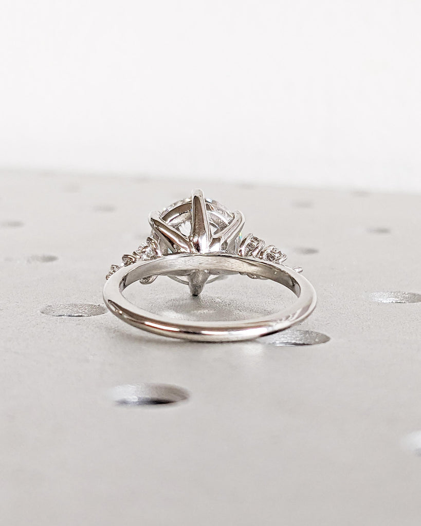 Round Moissanite Ring, Vintage Moissanite Engagement Ring Platinum, Unique Snowdrift 6 Prong Engagement Ring, Diamond Wedding Ring for Women