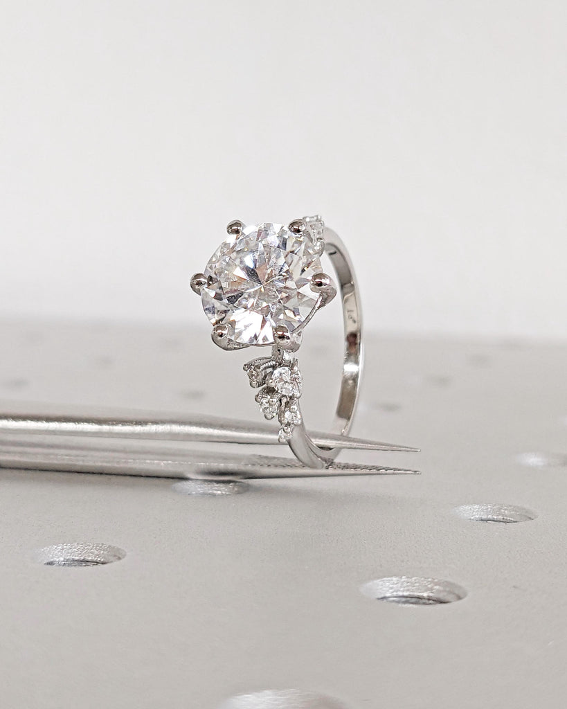 Round Moissanite Ring, Vintage Moissanite Engagement Ring Platinum, Unique Snowdrift 6 Prong Engagement Ring, Diamond Wedding Ring for Women