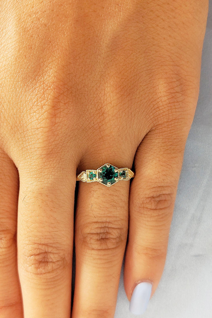 Lab Emerald Engagement Ring, 14K Yellow Gold Vintage Milgrain Green Emerald Ring, Three Stone Round Art Deco Prong Set May Birthstone Ring