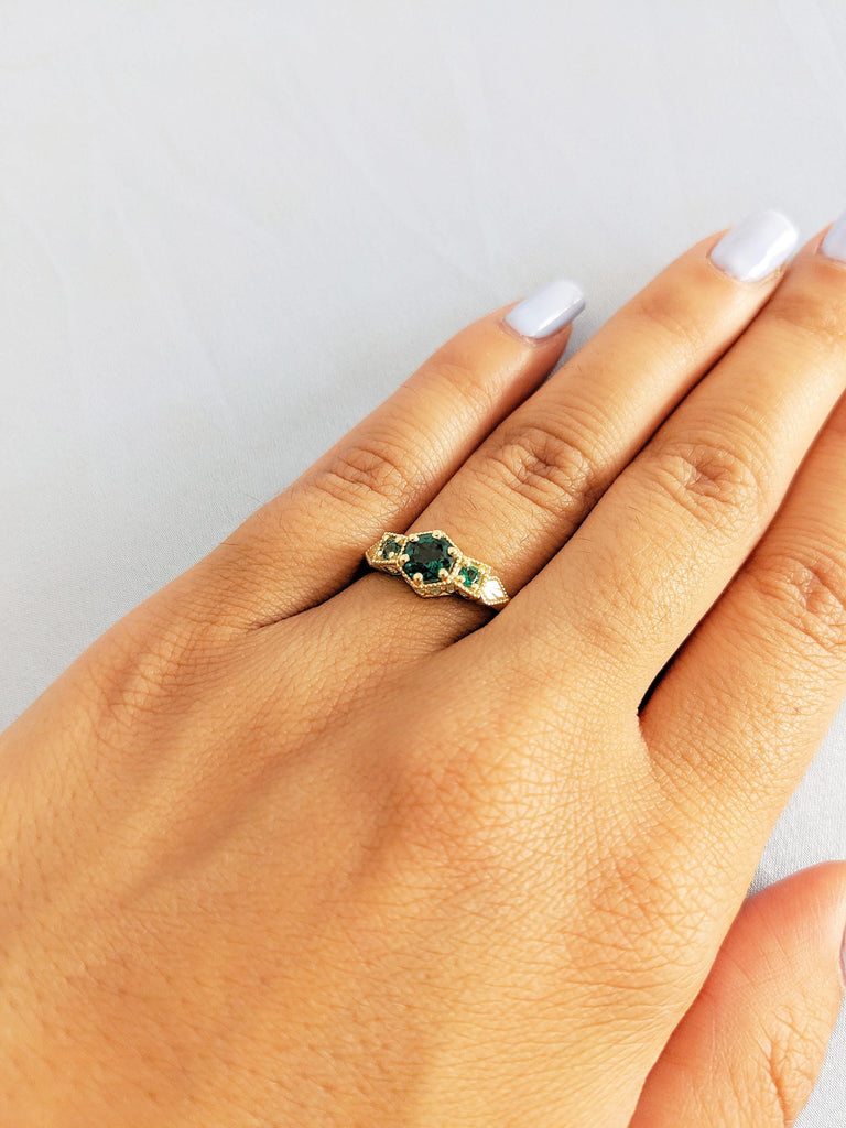Lab Emerald Engagement Ring: Vintage Milgrain Three Stone Round Prong Set Wedding Ring
