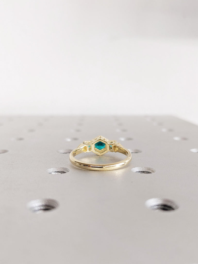 Lab Emerald Engagement Ring: Vintage Milgrain Three Stone Round Prong Set Wedding Ring