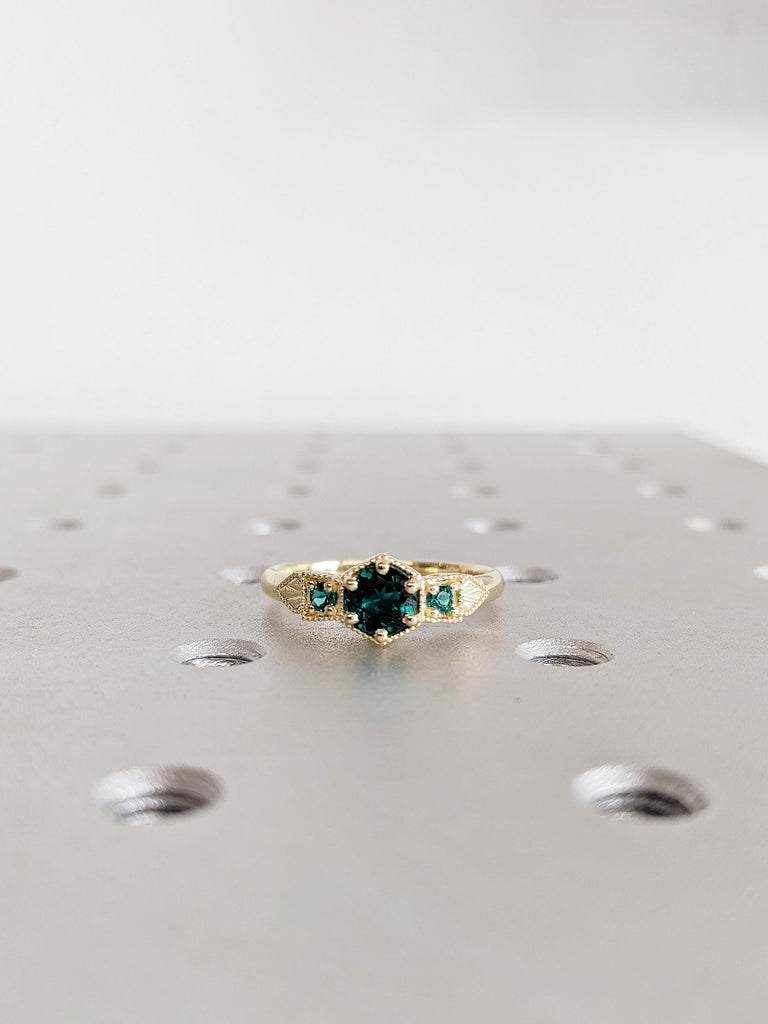 Lab Emerald Engagement Ring: Vintage Milgrain Three Stone Round Prong Set Wedding Ring