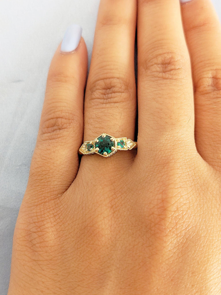 Lab Emerald Engagement Ring, 14K Yellow Gold Vintage Milgrain Green Emerald Ring, Three Stone Round Art Deco Prong Set May Birthstone Ring