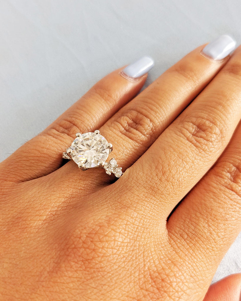Round Moissanite Ring, Vintage Moissanite Engagement Ring Platinum, Unique Snowdrift 6 Prong Engagement Ring, Diamond Wedding Ring for Women