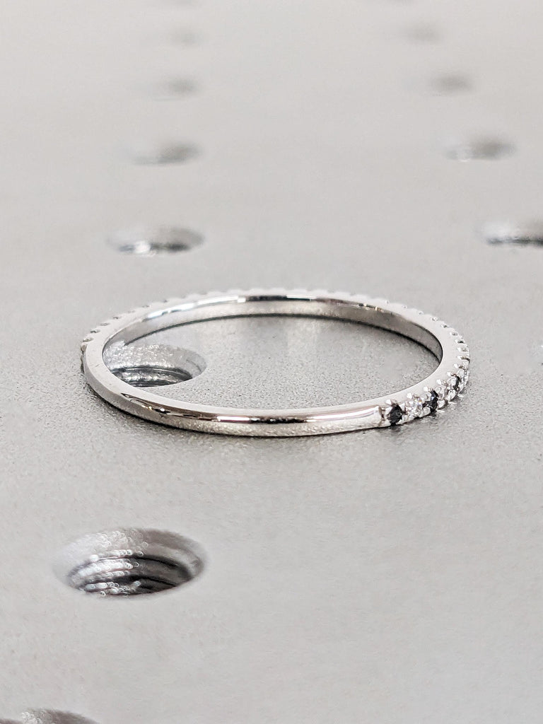 Dainty 14K Solid White Gold Black Diamond Matching Engagement Ring, Round Cut Pavé Diamond Thin Wedding Band