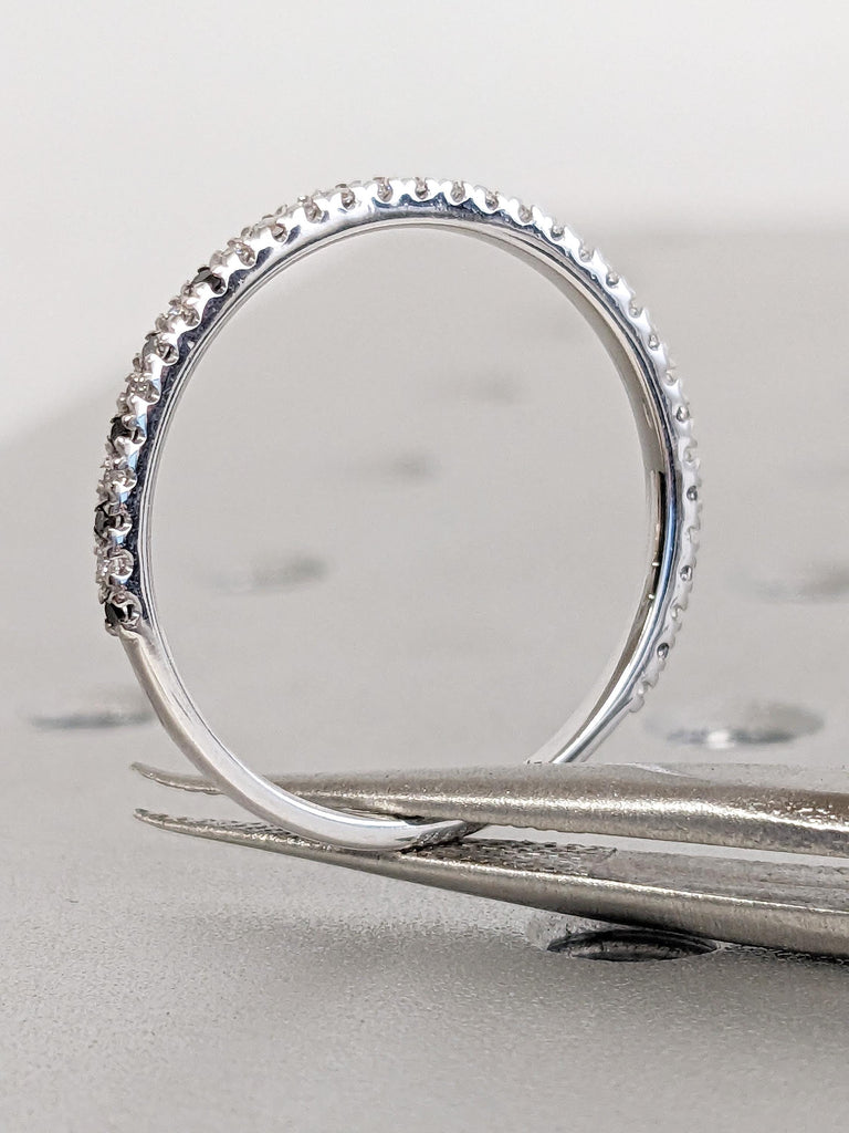 Dainty 14K Solid White Gold Black Diamond Matching Engagement Ring, Round Cut Pavé Diamond Thin Wedding Band