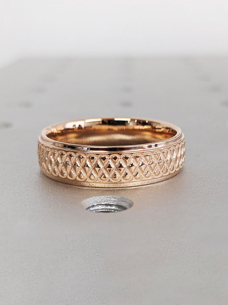 14K Solid Rose Gold Brushed Finish Engraved Infinity Knot Wedding Band 6mm, Custom Men’s Gold Celtic Eternity Ring, Anniversary Gift For Him