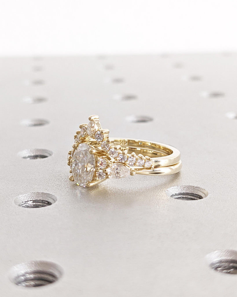 Oval Moissanite Engagement Ring Set, Vintage Yellow Gold Bridal Set, Unique Pear Moissanite Cluster Ring, Tiara Crown Band Wedding Set Women