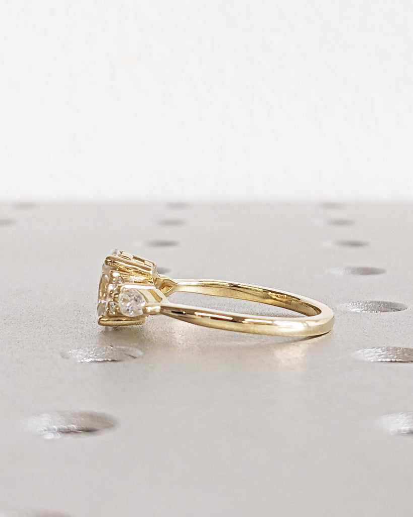 Unique Vintage Oval Moissanite Engagement Ring, Pear and Round Moissanite Cluster Ring, Unique Promise Ring Women Bridal Ring 14K Solid Gold