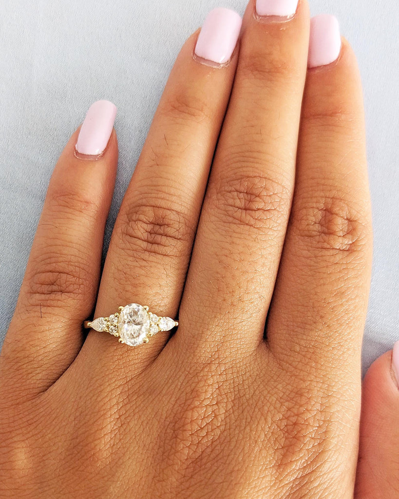 Unique Vintage Oval Moissanite Engagement Ring, Pear and Round Moissanite Cluster Ring, Unique Promise Ring Women Bridal Ring 14K Solid Gold