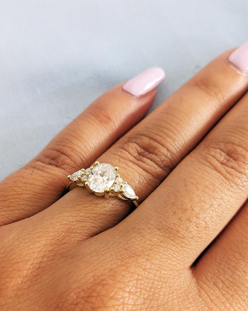 Unique Vintage Oval Moissanite Engagement Ring, Pear and Round Moissanite Cluster Ring, Unique Promise Ring Women Bridal Ring 14K Solid Gold