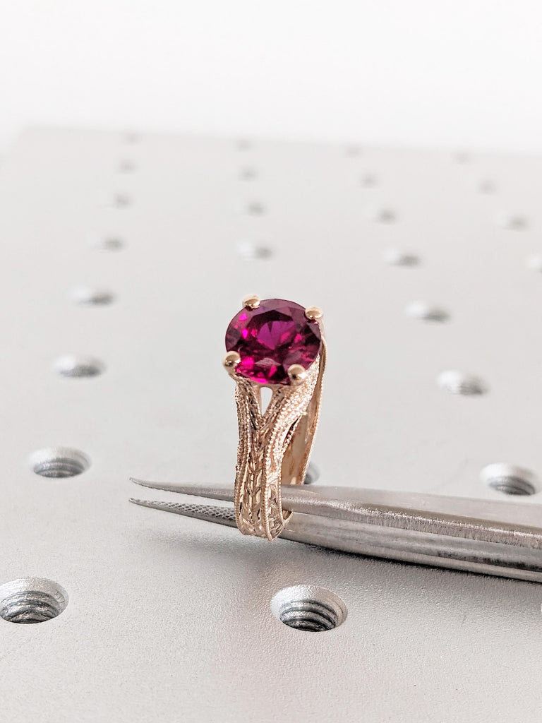 Ruby Engagement Ring, 14K Rose Gold Ring, Vintage Milgrain July Birthstone Ring