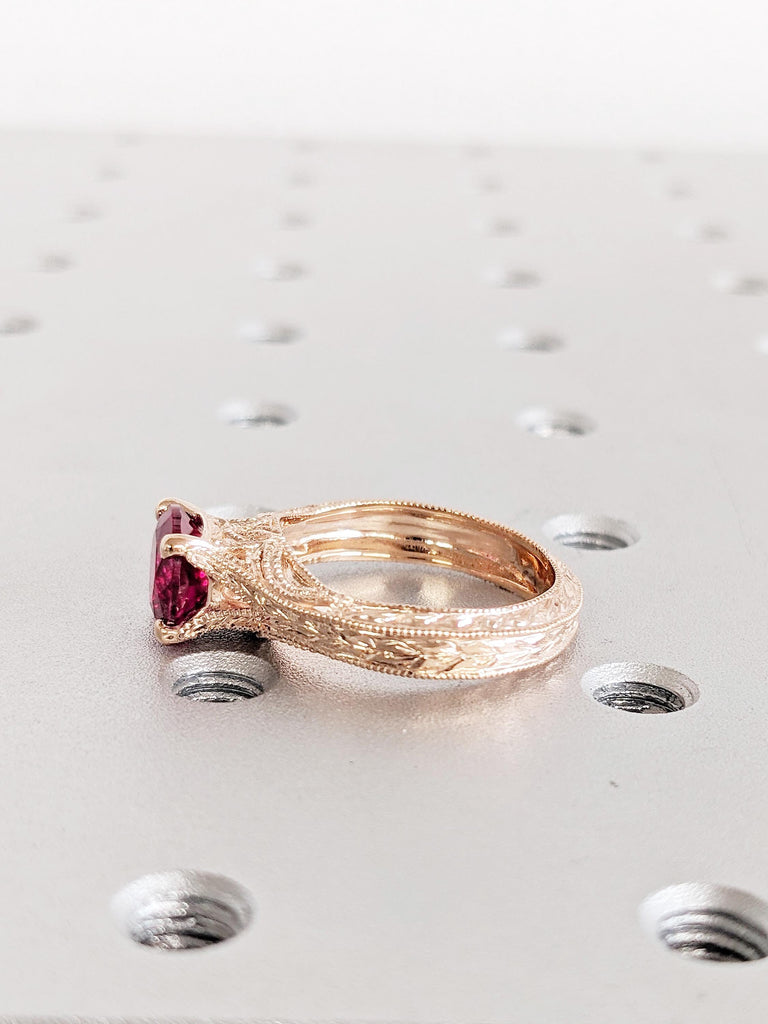 14K Rose Gold Art Deco Ruby Ring | Vintage Milgrain Ruby Engagement Ring | July Birthstone Ring For Woman | Statement Ring | Ruby Jewelry