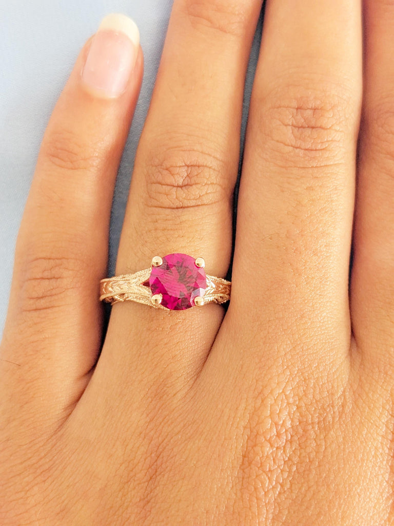 Ruby Engagement Ring, 14K Rose Gold Ring, Vintage Milgrain July Birthstone Ring