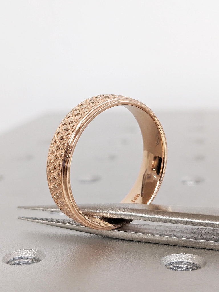 Celtic Engagement Ring for Men, 14K Rose Gold Brushed Finish Wedding Band, Engraved Infinity Knot Eternity Ring