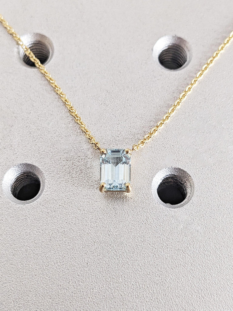 Emerald Cut Lab Aquamarine Floating Necklace, 18K Yellow Gold Lab Aquamarine Pendant, Custom Engagement Necklace, March Birthstone Jewelry