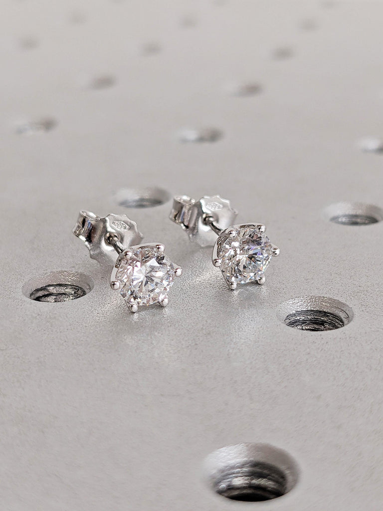14K Solid White Gold Moissanite Stud Earrings, Dainty Round Cut Solitaire Studs, Unisex Push Back Earrings