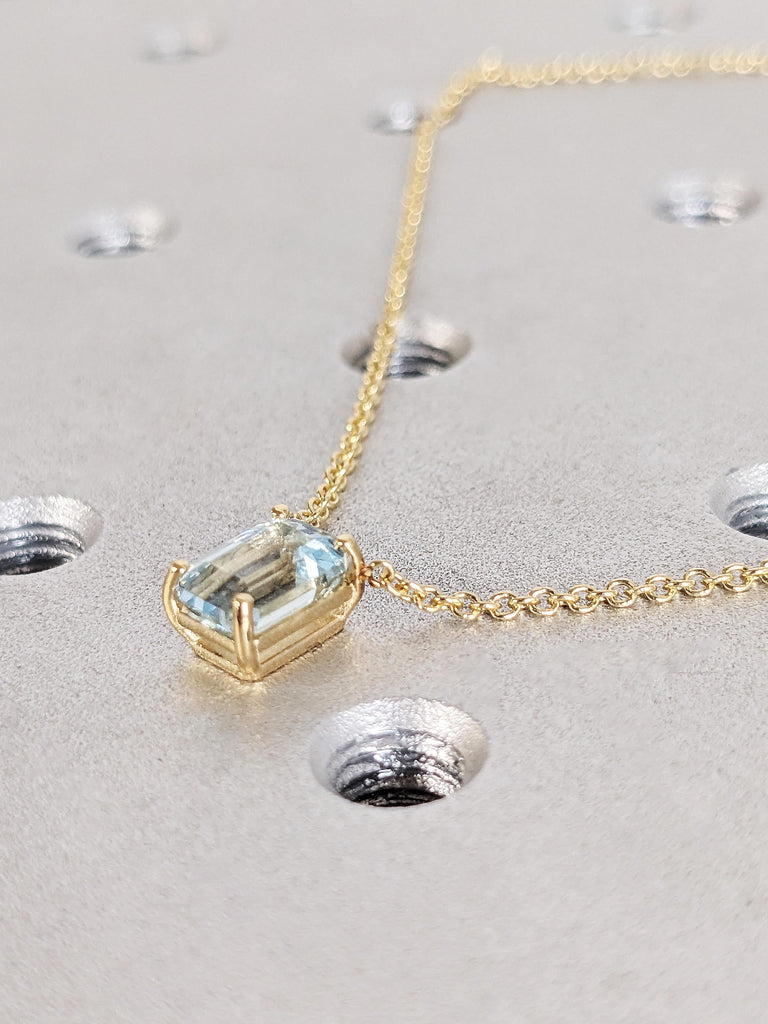 Emerald Cut Lab Aquamarine Floating Necklace, 18K Yellow Gold Lab Aquamarine Pendant, Custom Engagement Necklace, March Birthstone Jewelry