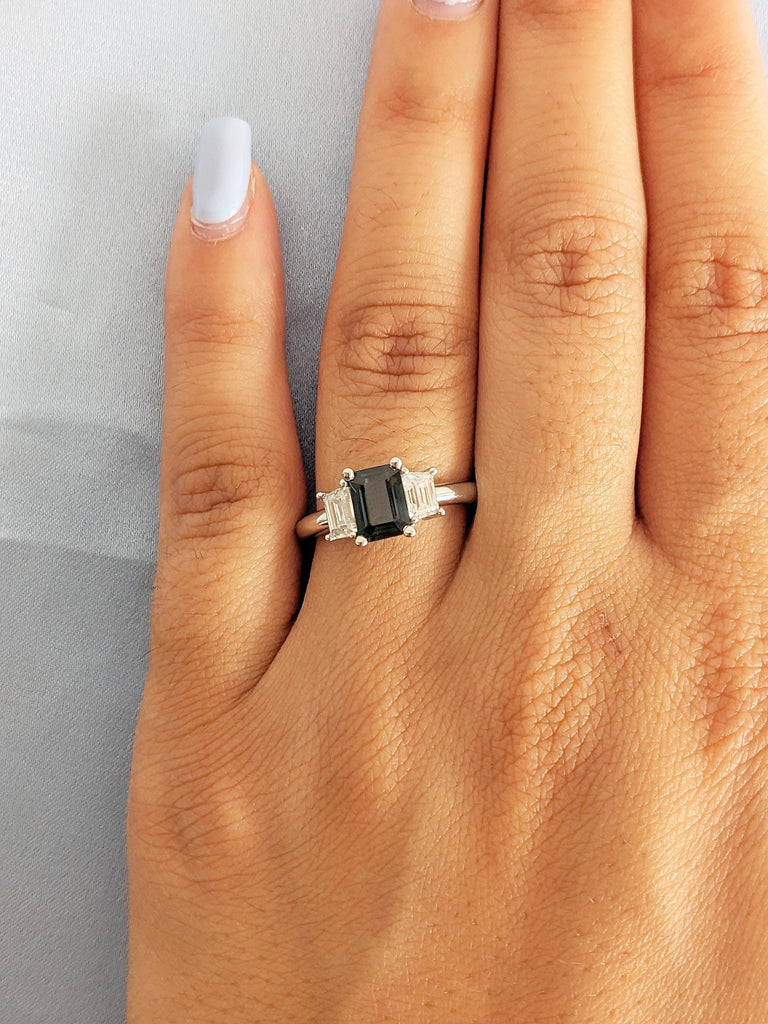 Three Stone Ring, Montana Sapphire Ring, Platinum Engagement Ring, Trapezoid Moissanite, Blue Green Sapphire Gemstone Ring, Anniversary Ring