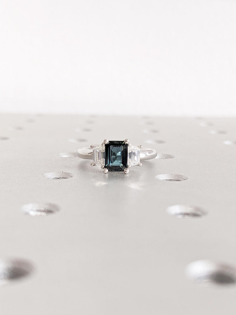 Three Stone Ring, Montana Sapphire Ring, Platinum Engagement Ring, Trapezoid Moissanite, Blue Green Sapphire Gemstone Ring, Anniversary Ring