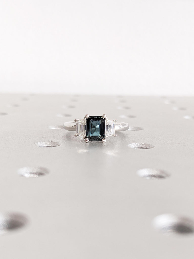 1ct Emerald Cut Peacock Sapphire Engagement Ring, Trapezoid Diamond, Platinum Sapphire Ring