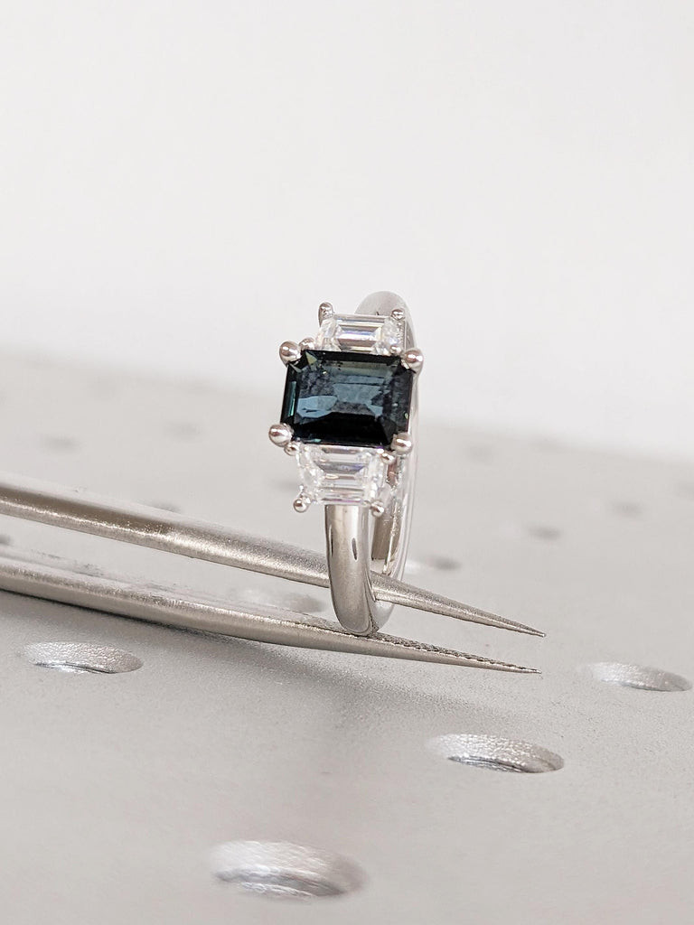 Three Stone Ring, Montana Sapphire Ring, Platinum Engagement Ring, Trapezoid Moissanite, Blue Green Sapphire Gemstone Ring, Anniversary Ring