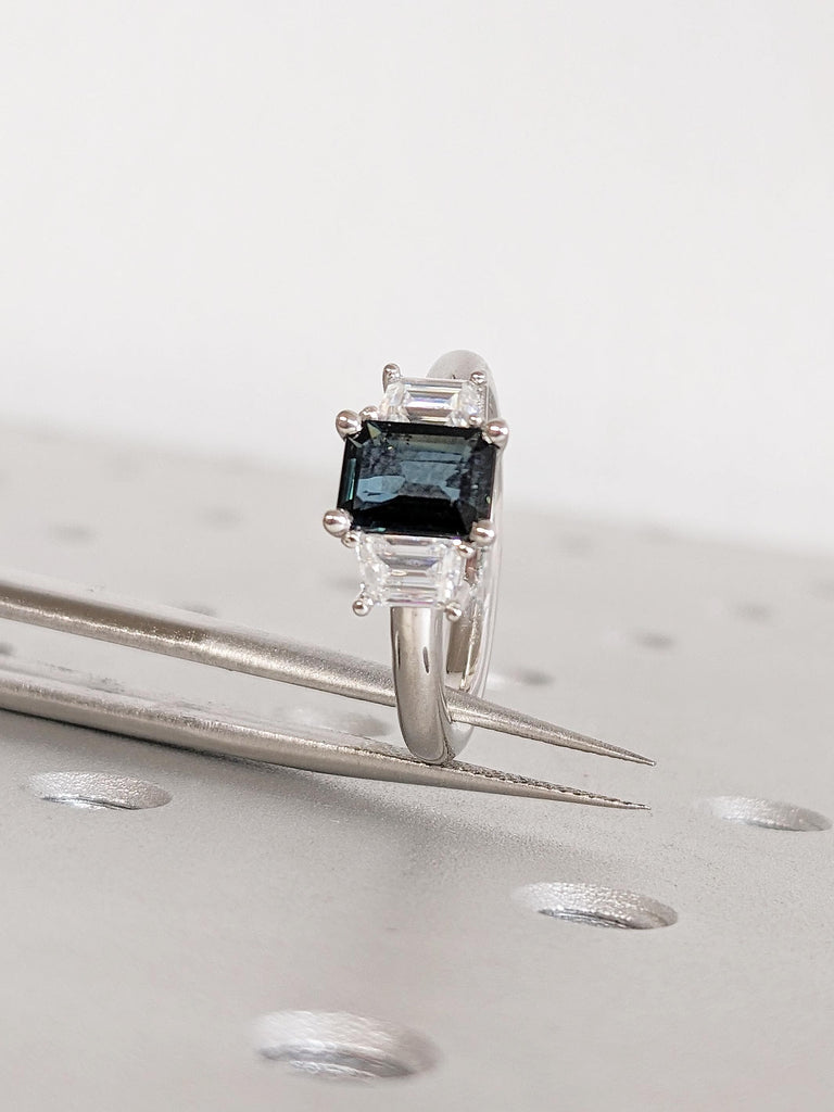 1ct Emerald Cut Peacock Sapphire Engagement Ring, Trapezoid Diamond, Platinum Sapphire Ring