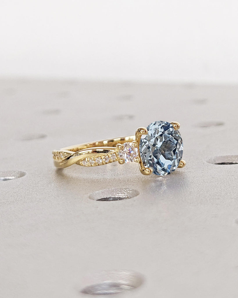 Diamond & Aquamarine Promise Ring: Round Lab Aquamarine Twist Band Ring, Three Stone Ring with Pave Diamond or Moissanite, 14K Yellow Gold